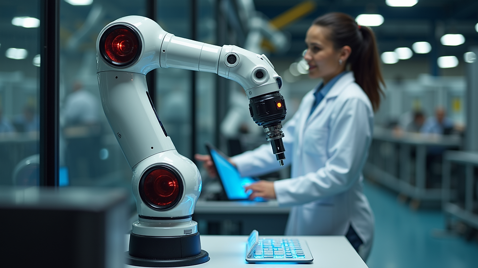 High angle view of a collaborative robot arm working alongside a human operator