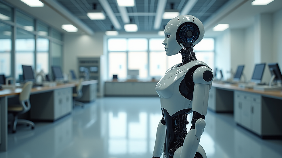 Eye-level view of a humanoid robot standing in a modern lab