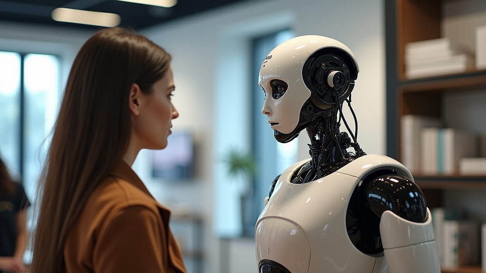 Close-up view of a humanoid robot interacting with a customer in a retail setting