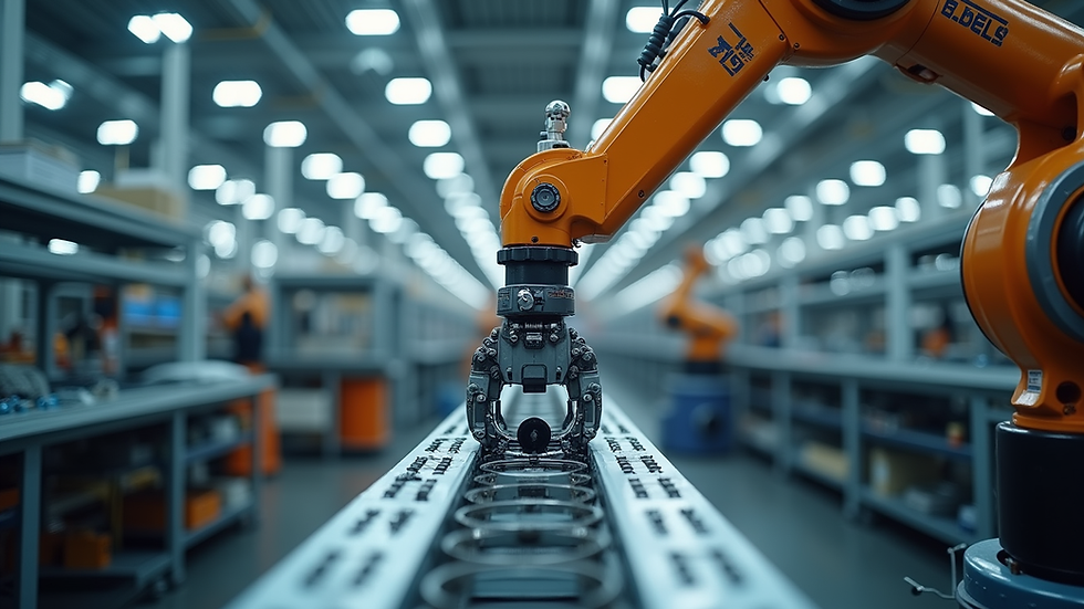 Eye-level view of a robotic arm assembling car parts in a factory