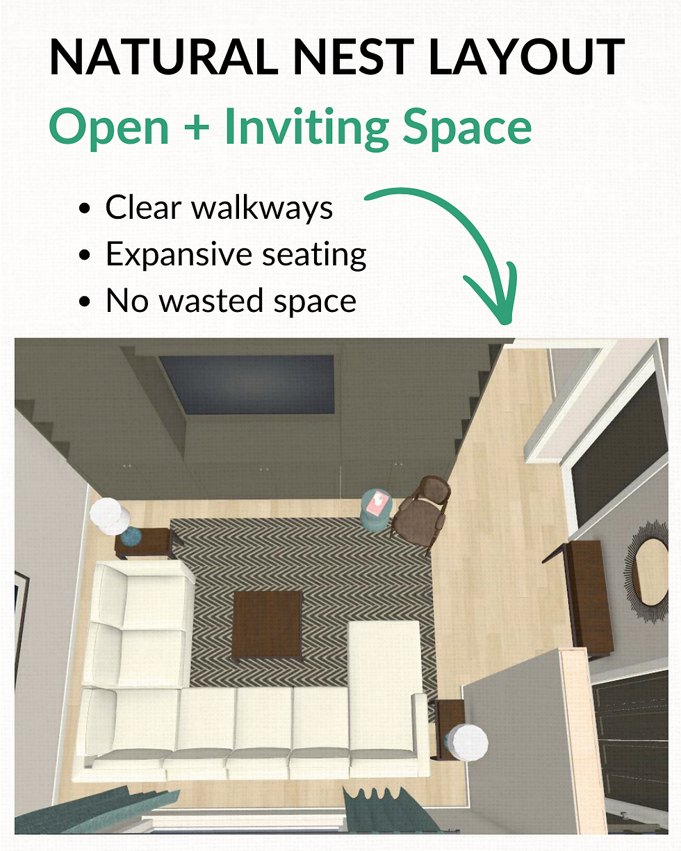 Living room layout with sectional seating, clear walkways, and balanced furniture placement for better flow