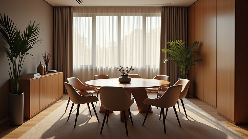 Eye-level view of a cozy meeting space with a round table and comfortable chairs