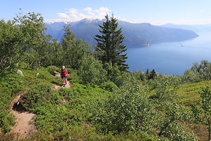 Guests hiking Norwegian mountains during Bergen yacht charter excursion