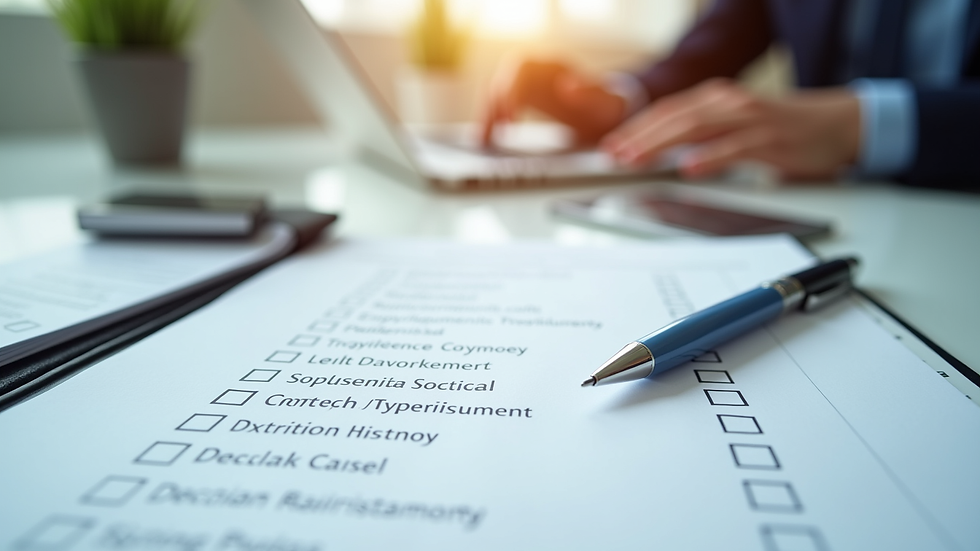 Close-up view of a compliance checklist and pen on a desk
