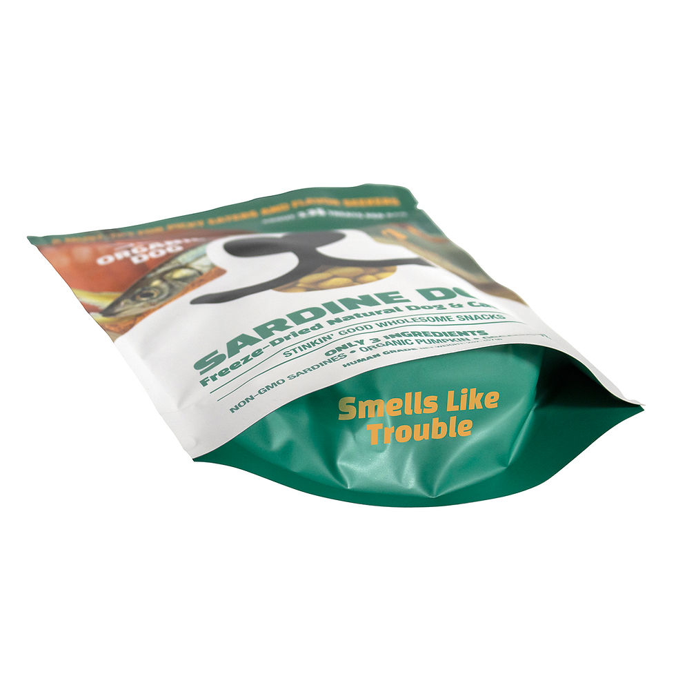 Thumbnail: Organic Dog Sardine Dots freeze-dried treats bag showing “Smells Like Trouble” message underneath