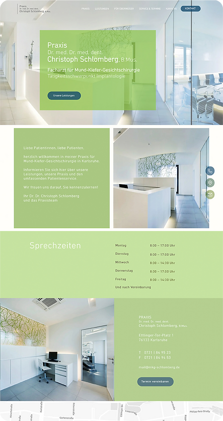 Website Praxis MKG Dr. Dr. Schlomberg Karlsruhe Landingpage Grün mit Sprechzeiten, Kontakt, Anfahrt, Praxisfotos