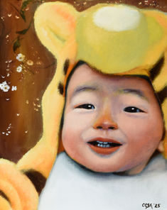 An oil painting by Carolyn CS Kleinberger of a young child wearing a Tigger costume. 