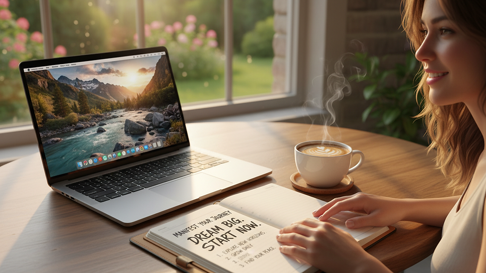 Close-up of a desk with a laptop, coffee cup, and a planner open to a goal-setting page