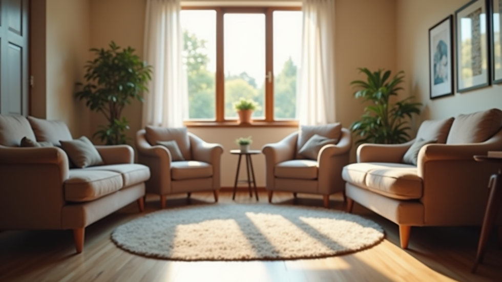 Eye-level view of a cozy family therapy room with comfortable chairs arranged in a circle