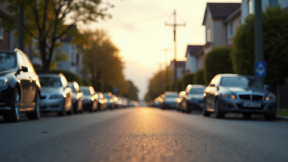 Eye-level view of a quiet neighborhood street