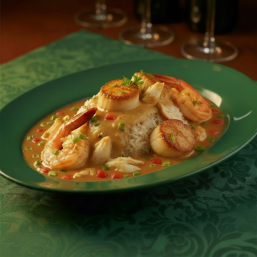 The perfect roux that make up this Seafood Étoufée with shrimp, scallops, and crab.