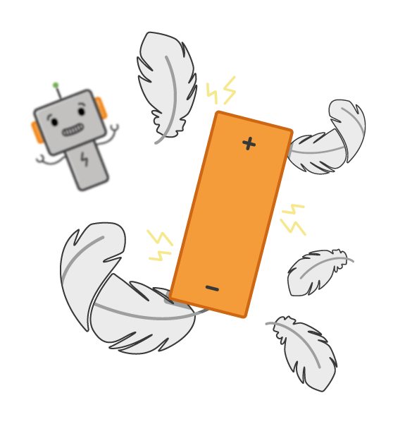 A floating orange battery surrounded by feathers and lightning sparks, symbolizing it's light weight and high power.