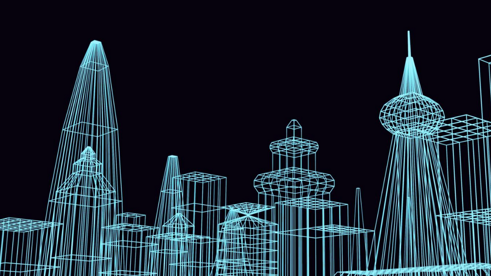 Wireframe illustration of a city skyline, showing buildings outlined in glowing lines to represent digital infrastructure embedded within the urban environment 