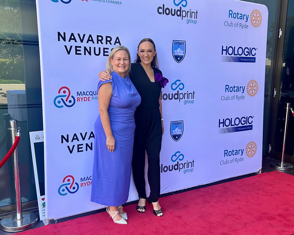 Kylie Simpson Cirqular Entertainment with MC Jane Thorpe at International Women’s Day Women Wellbeing and Influence event Curzon Hall Sydney sponsored by Navarra Venues Hologic Sydney FC Macquarie Park Ryde Business Chamber.