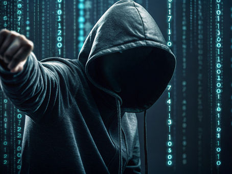 Cilvēks tumšā kapucē, dūri paceltu uz priekšu. Fonā digitāls kods ar cipariem spilgti zilā krāsā, rada noslēpumainu noskaņu.
