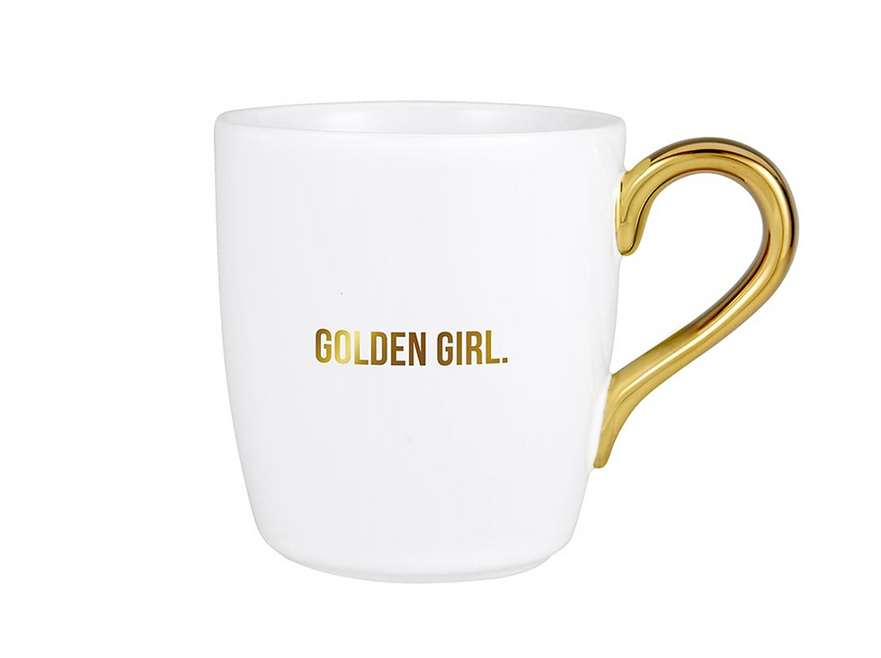 White mug with "Golden Girl" printed on front, with gold handle.