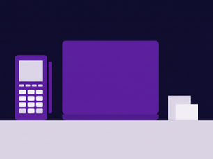 Flat purple illustration of a card payment terminal beside a closed laptop and paper slips on a counter