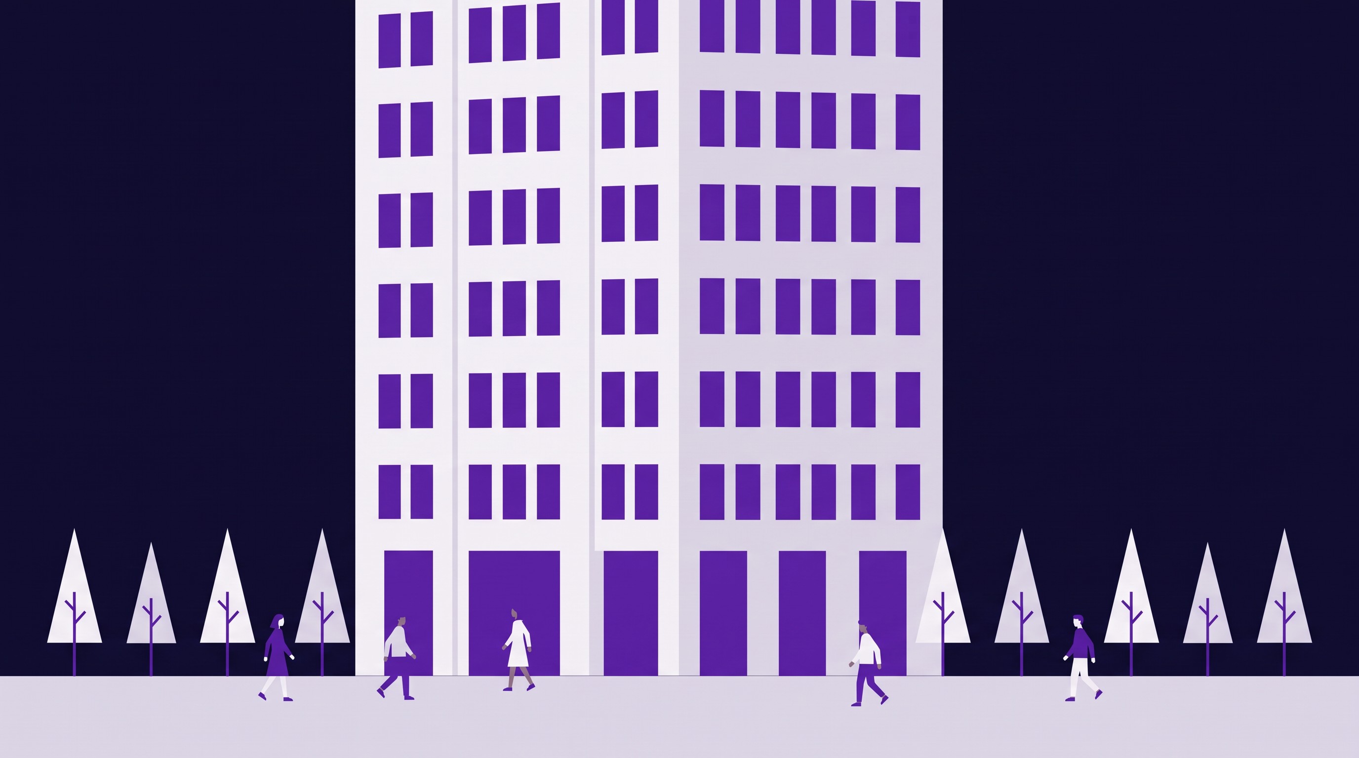 Flat illustration of a modern European office building with small figures and young trees outside