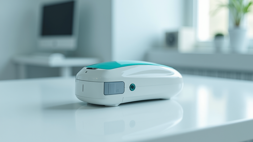 Eye-level view of a medical device on a clean white surface