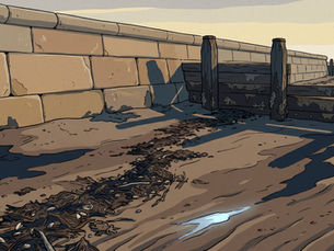 An editorial illustration of a Portland stone sea wall at low tide with weathered timber groyne posts standing in wet sand. A dark seam of weed and shell marks the high-water line running through the frame. Long shadows fall across the sand and a thin sheet of water catches cold blue light.