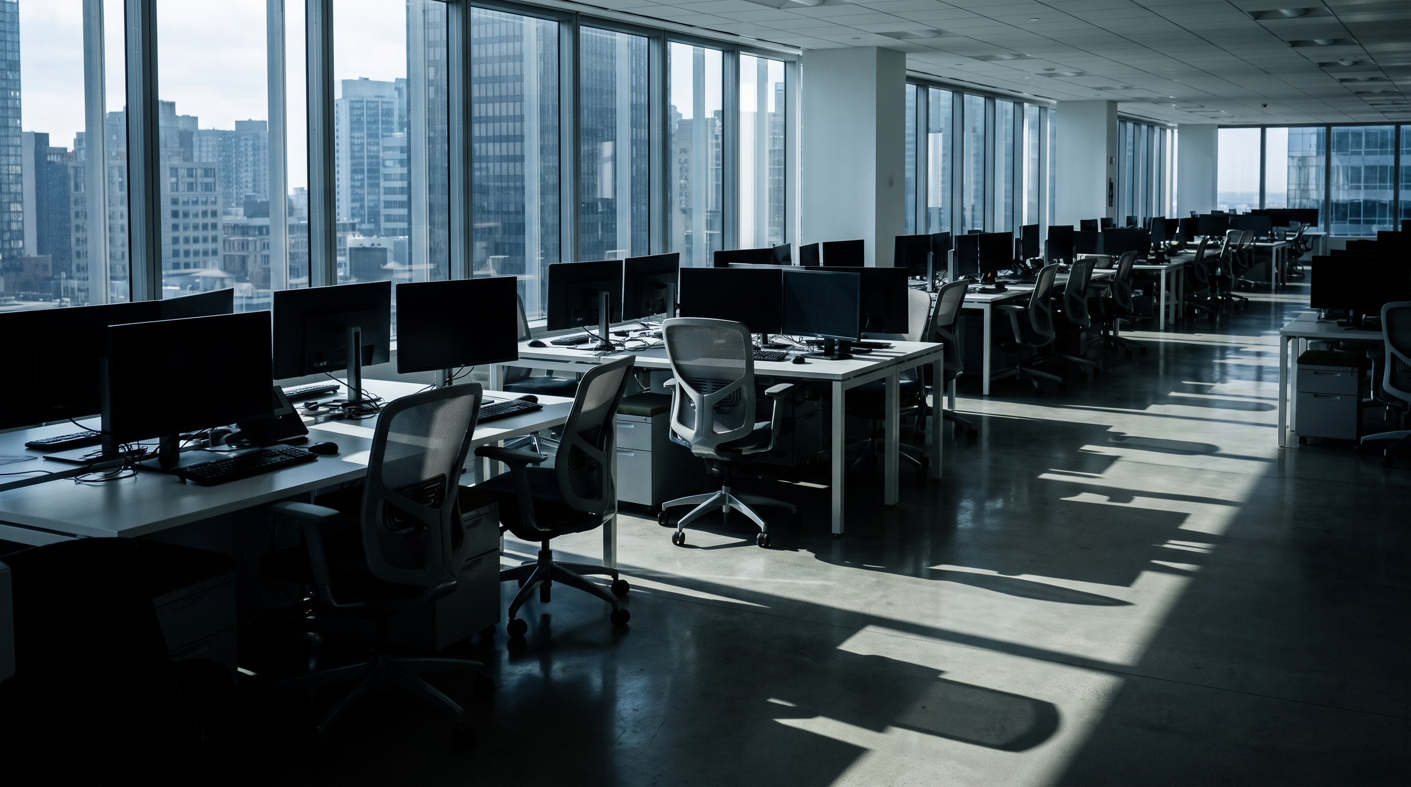 Empty open plan office with rows of white desks and dark monitors, tall windows showing a city skyline