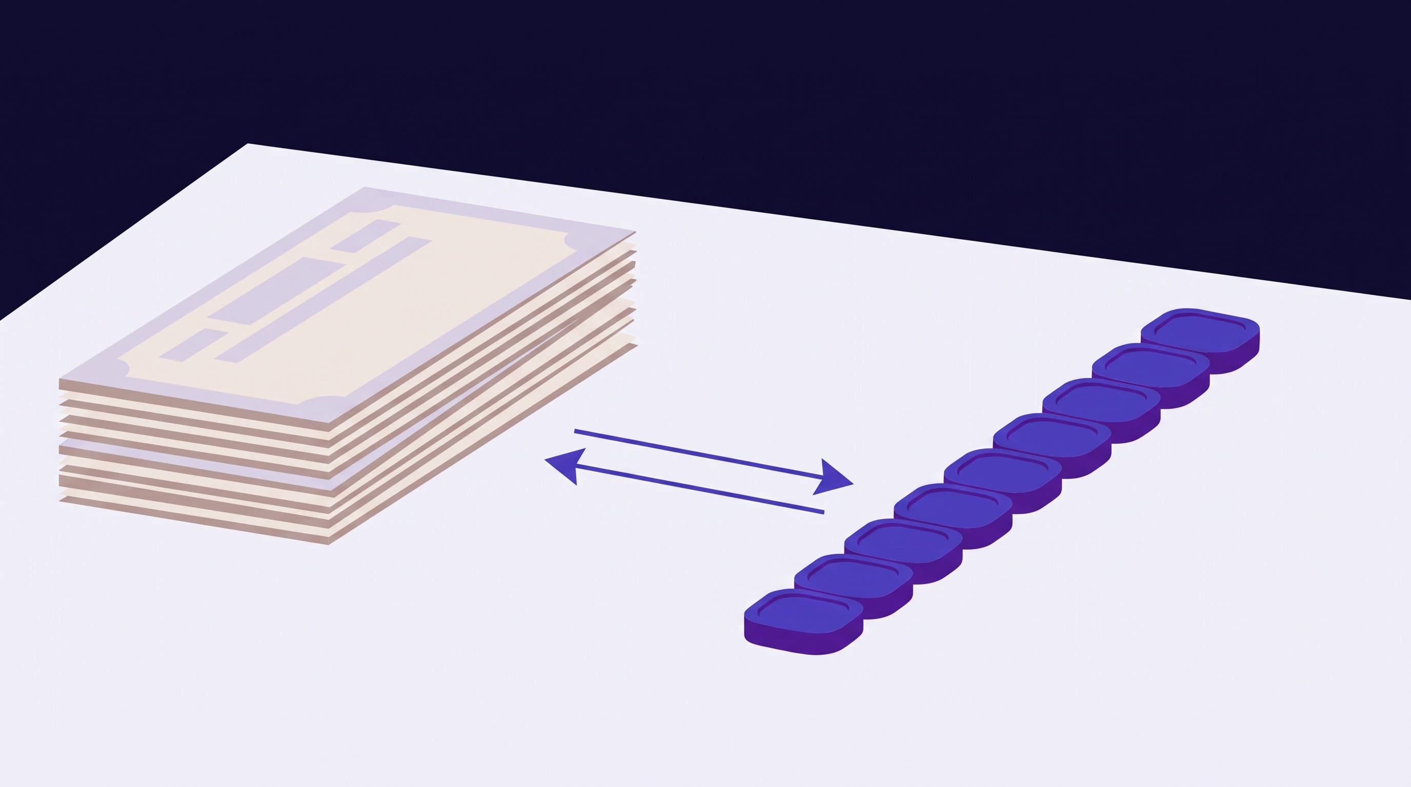 Flat illustration of a stack of paper share certificates on a desk, a two-way arrow, and a row of nine blue digital tokens