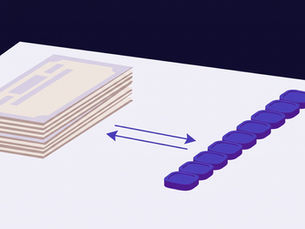 Flat illustration of a stack of paper share certificates on a desk, a two-way arrow, and a row of nine blue digital tokens