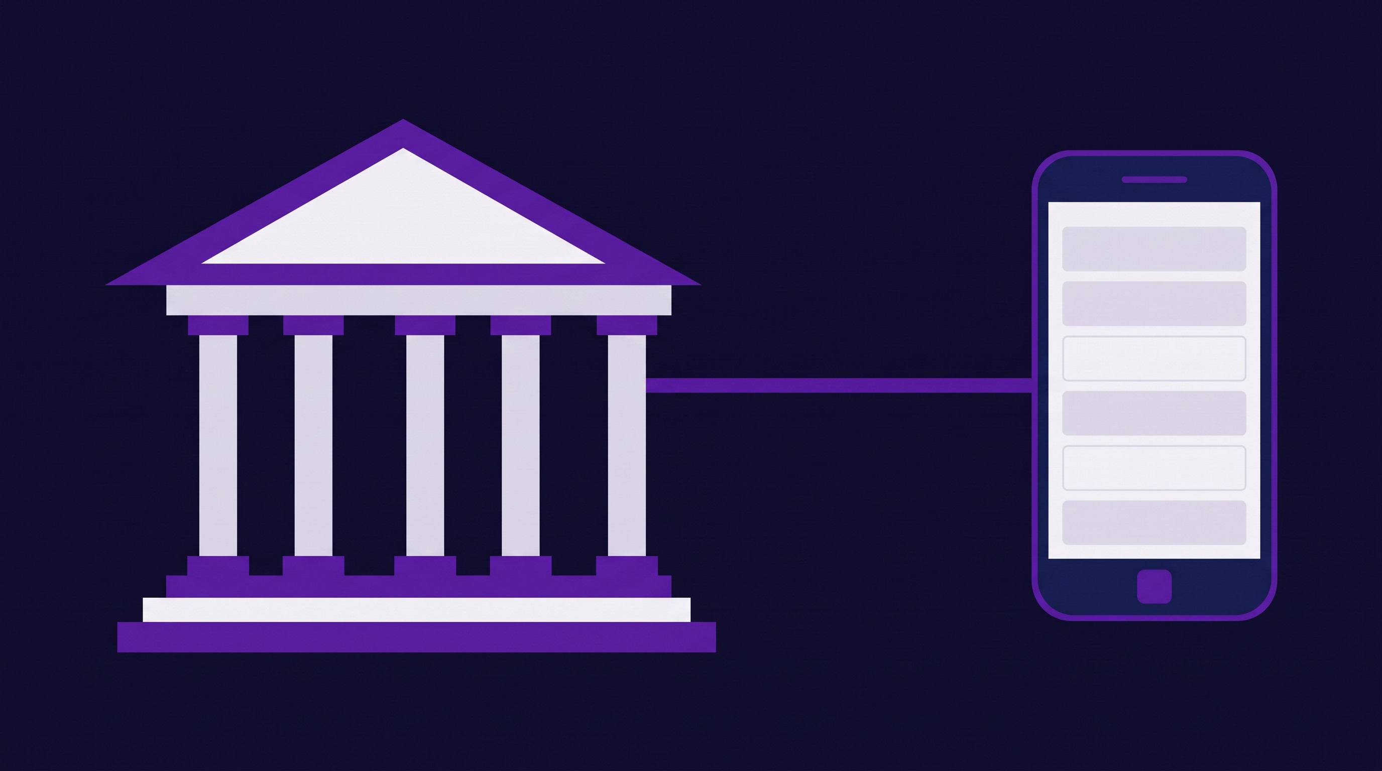Illustration of a classical exchange building joined by a line to a smartphone showing a list