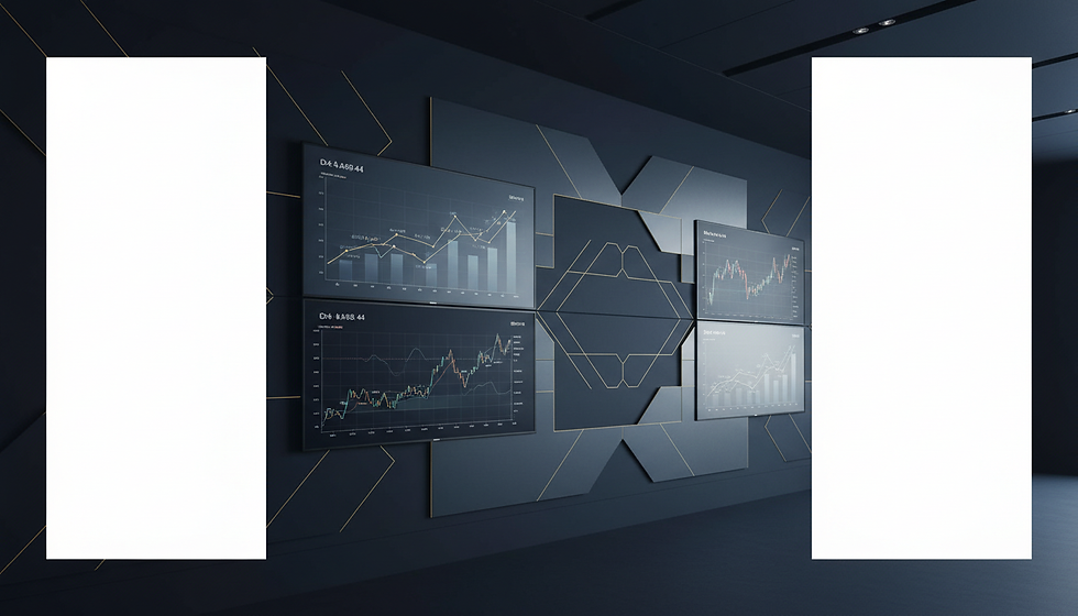     Eye-level view of a modern office with digital financial charts on screens