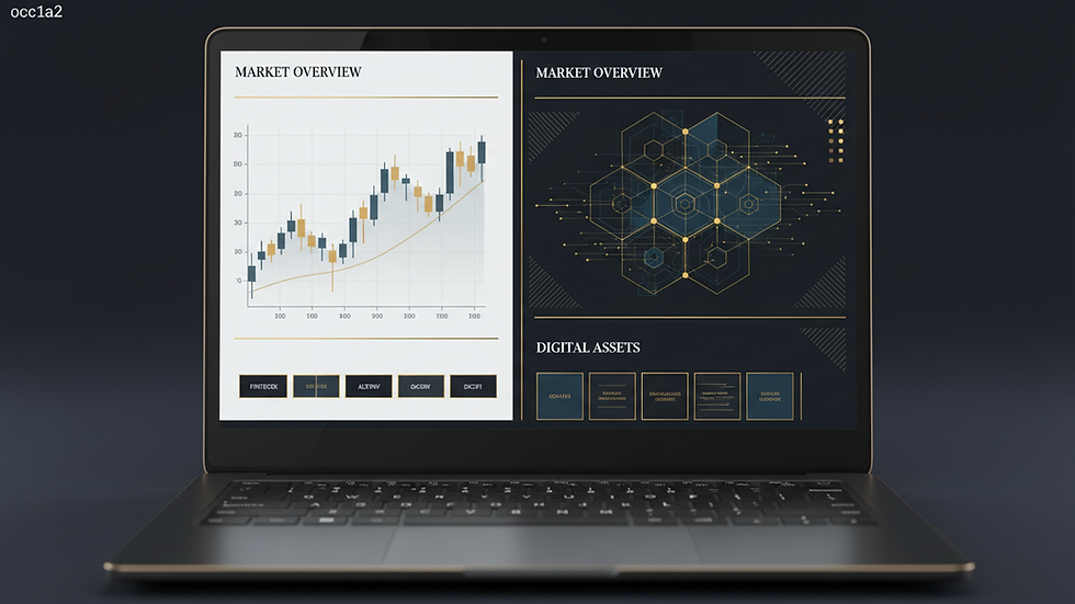 Eye-level view of a laptop displaying financial charts and digital tokens