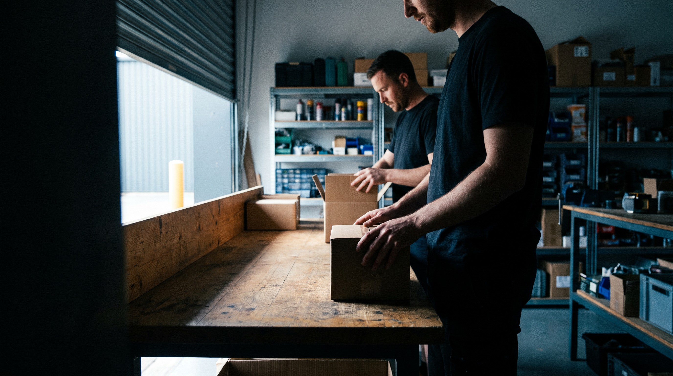 Two workers packing cardboard boxes at a wooden bench in a small workshop unit, with shelves of stock behind them