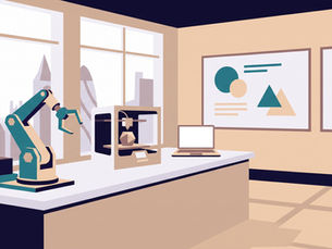 Flat illustration of a university lab with a robotic arm, 3D printer and laptop, and city buildings through tall windows