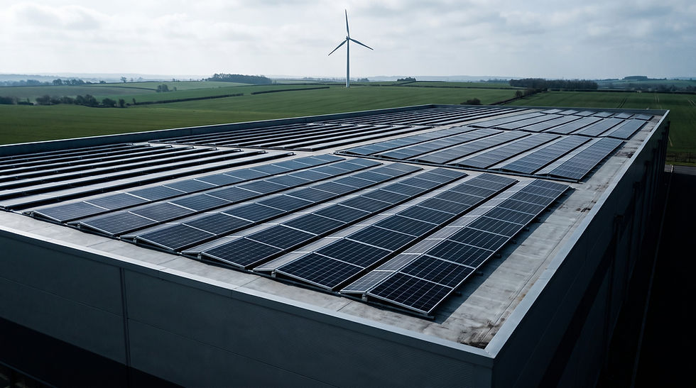 Rows of solar panels on a warehouse roof, with green fields and a wind turbine in the distance