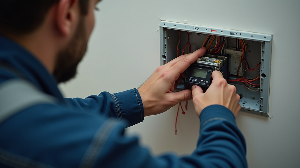 High angle view of a licensed electrician testing a newly installed dedicated circuit