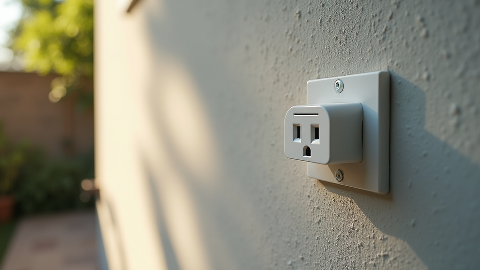 High angle view of outdoor GFCI outlet installed on a patio wall