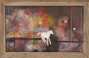 White horse running, mixed media painting on cardboard
