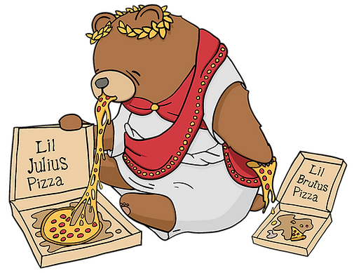 A bear dressed as a Roman emperor is eating pizza from a to-go box with the label "Lil Julius Pizza"