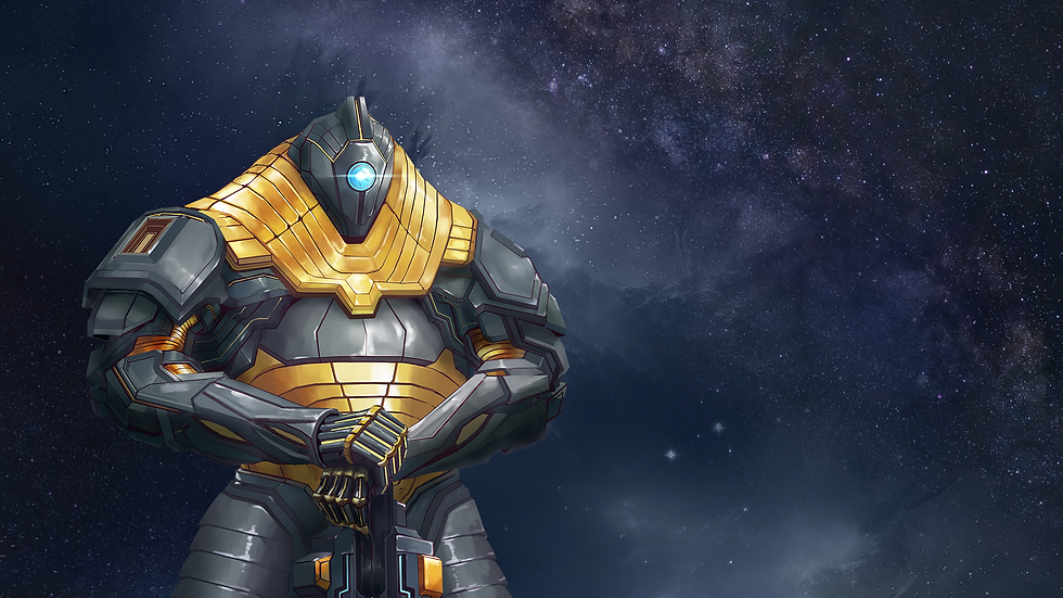 Robotic humanoid in front of a starfield