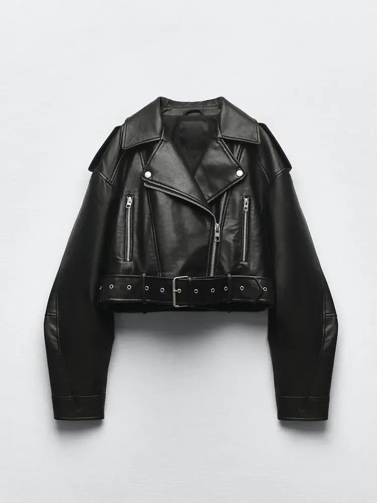 Thumbnail: BBWM Women Oversized Vintage Loose Pu Faux Leather Short Jacket with Belt Street