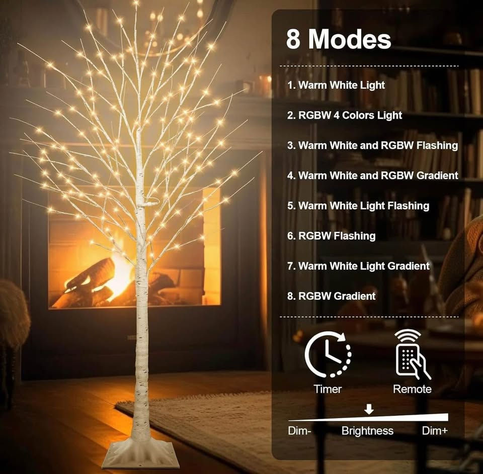 Thumbnail: 6FT Lighted Birch Tree – 130 LED Warm White & Multicolor with Remote