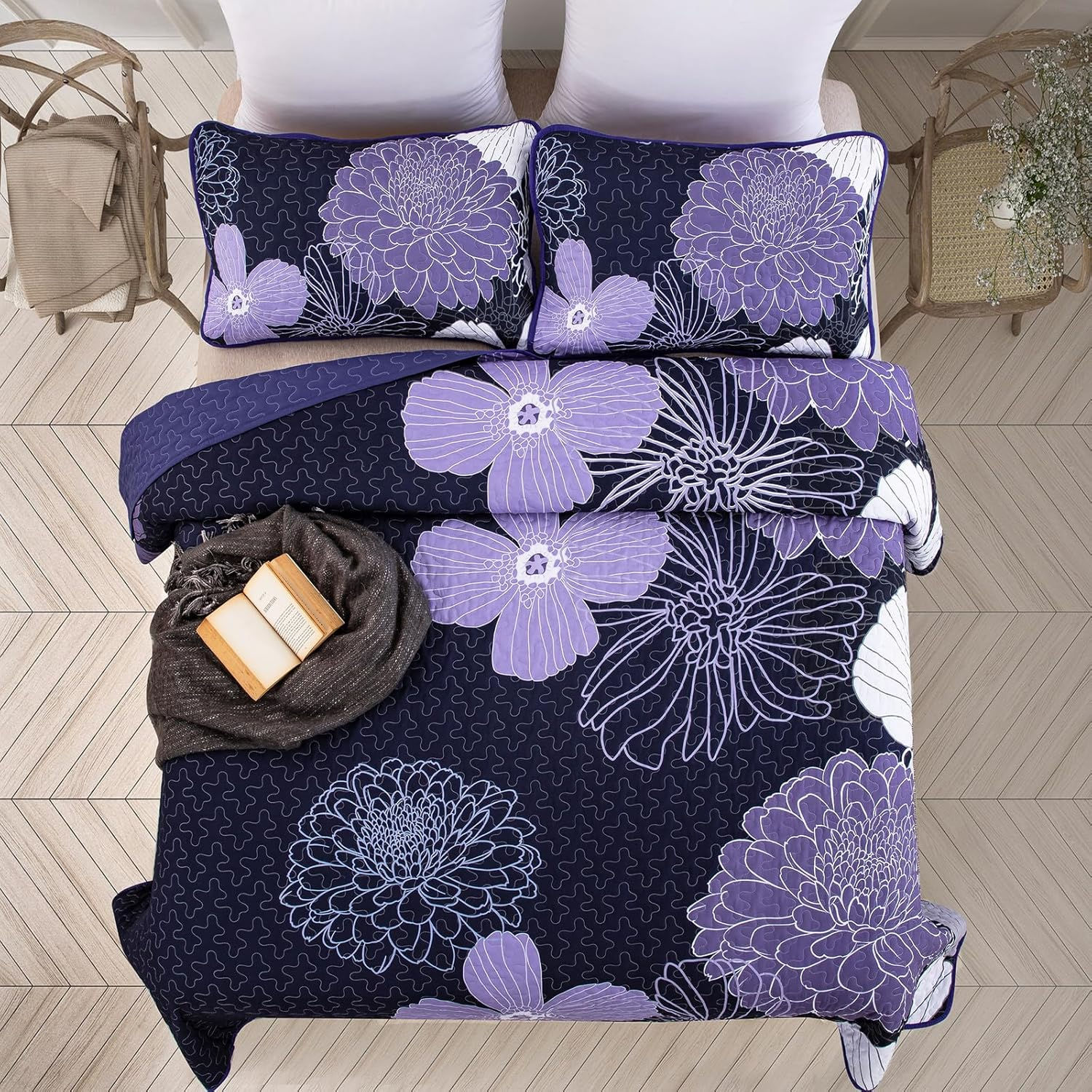 Purple Floral Quilt Set King Size | 3-Piece Bedspread with Shams(C54)