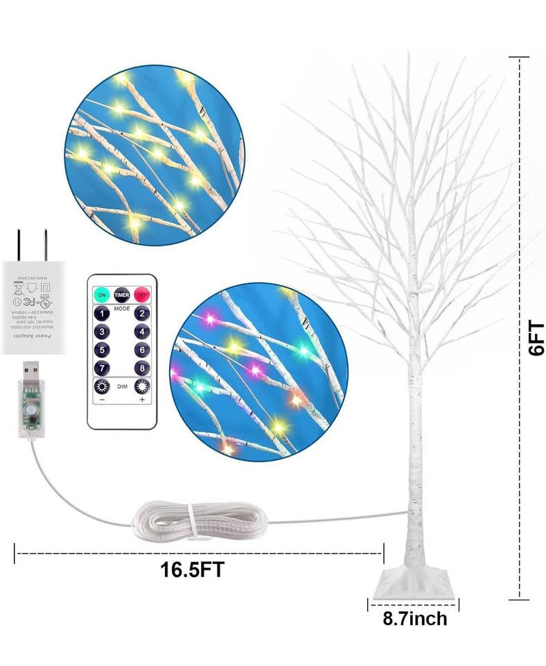 Thumbnail: 6FT Lighted Birch Tree – 130 LED Warm White & Multicolor with Remote