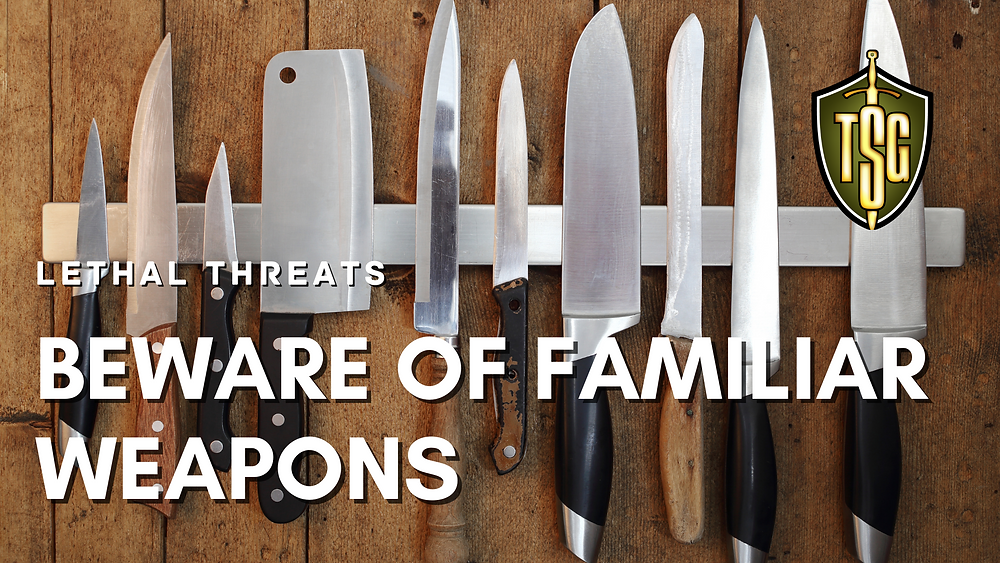 Row of common kitchen knives that can be deadly weapons in our self-defense
