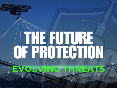 Drone hovers over network of lines, against a blue background. Text: "THE FUTURE OF PROTECTION" and "EVOLVING THREATS."
