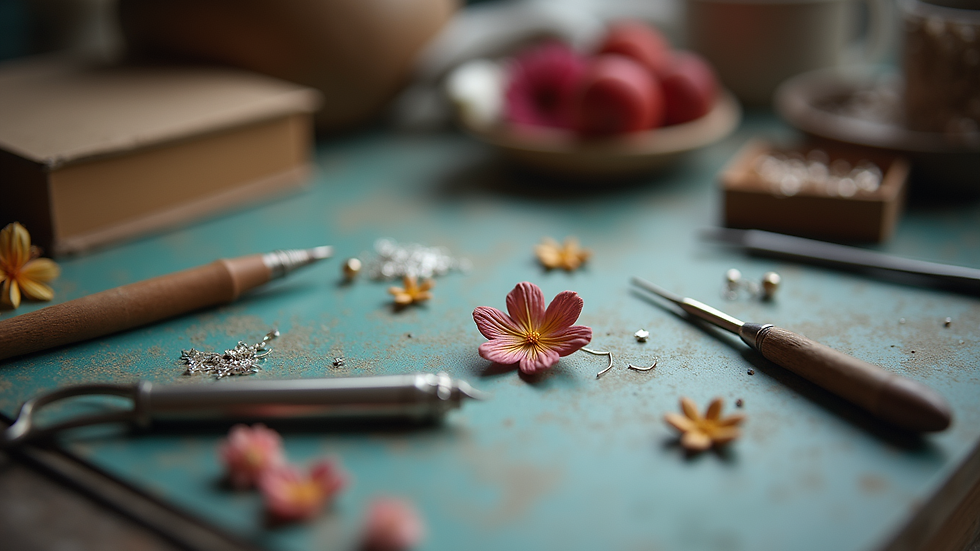 Eye-level view of a jewelry artist’s workspace with tools and floral earring components