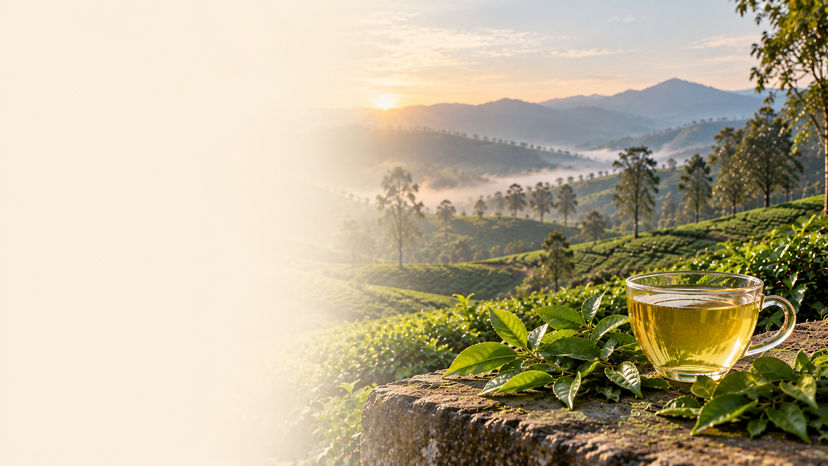 Misty Tea Plantation Sunrise with Glass Cup.png