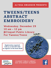 Tweens/Teens Abstract Embroidery Dec. 29, 10am-12pm, for teens and tweens; Registration required