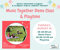 Music Together Demo Class and Playtime in Veterans Park on Tuesday, August 31, from 10 a.m. to 11:30 a.m.