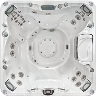 White and silver Sundance Spa 880 series Optima hot tub