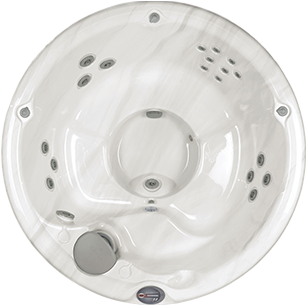 Circular white marble and silver Sundance Spa 680 series Denali hot tub